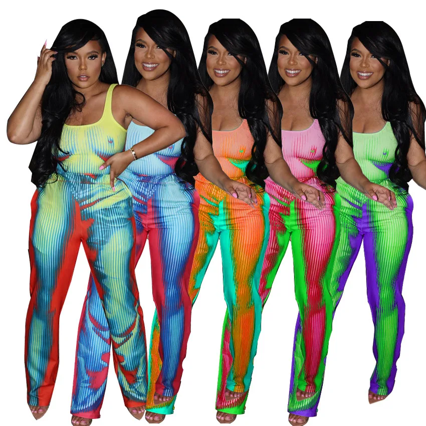 

Женский костюм из 2 предметов, яркий цвет, укороченный жилет без рукавов в полоску + брюки, спортивный костюм