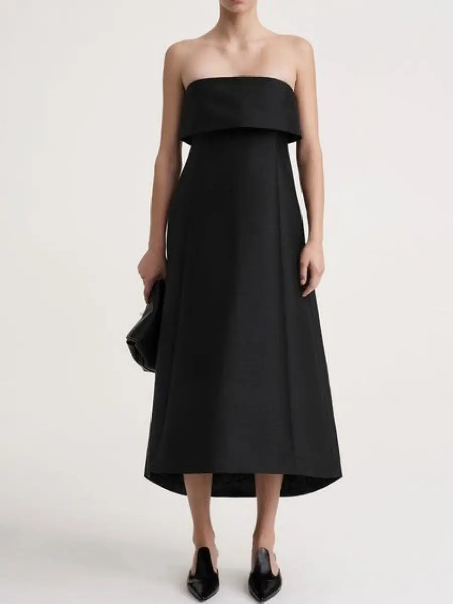 Women's Foldable Strapless Slash Neck Solid Color A-Line Elegant Midi Dress