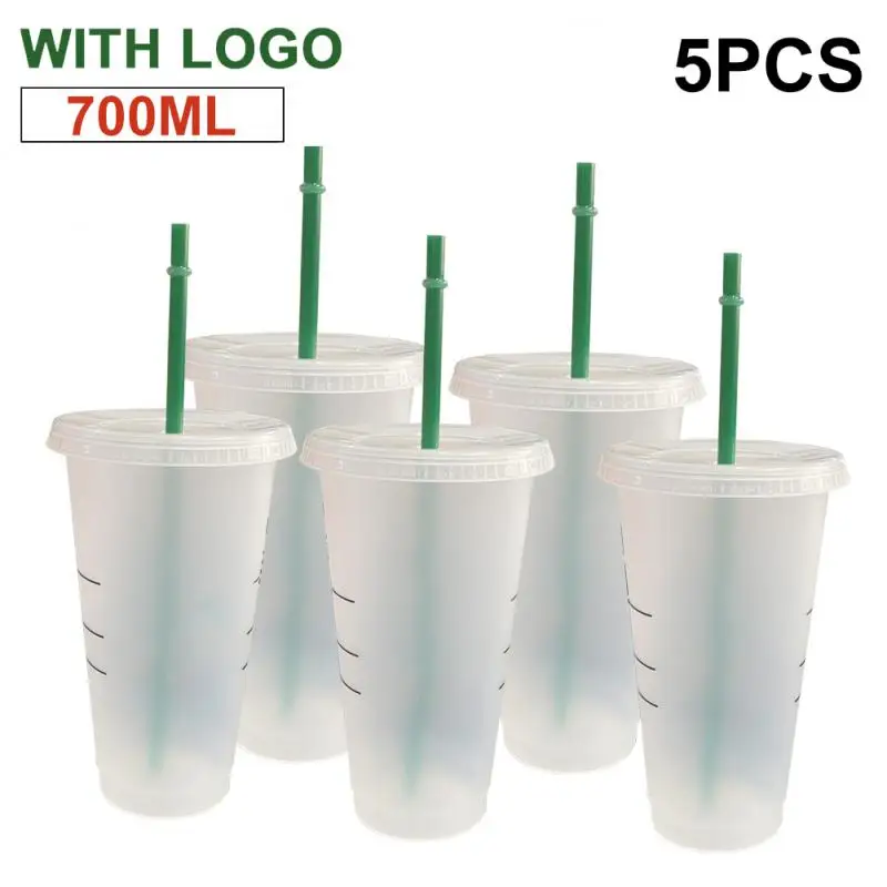 

5pcs Straw Cup With Logo&Lid Color Change Cup Reusable Cups Plastic Tumbler Matte Finish Coffee Mug 700ml/24oz Water Bottle