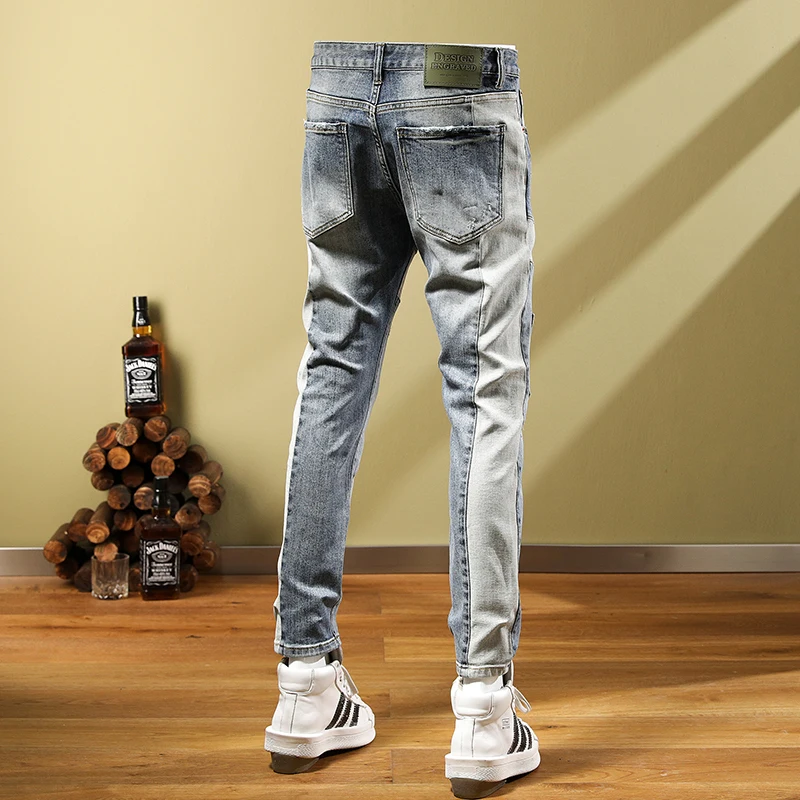 Street Fashion Men Jeans Retro Gray Blue Elastic Skinny Spliced Ripped Jeans Men Patched Designer Hip Hop Stretch Pants Hombre