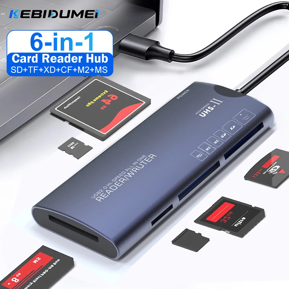Фото KEBIDUMEI 6-портовый многофункциональный картридер Type-C для SD/TF/XD/CF/M2, хаб-ридер для карт памяти, аксессуар для камер и ноутбуков №1