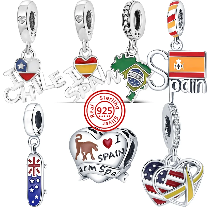 

925 Sterling Silver Flag Chile USA UK Brazil Spain Fashion Beads Fit Original Pandora Charms Bracelets Women Jewelry Accessories