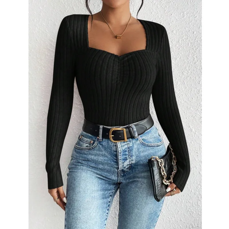 Черный вязаный свитер с длинными рукавами для женщин Осенний сексуальный