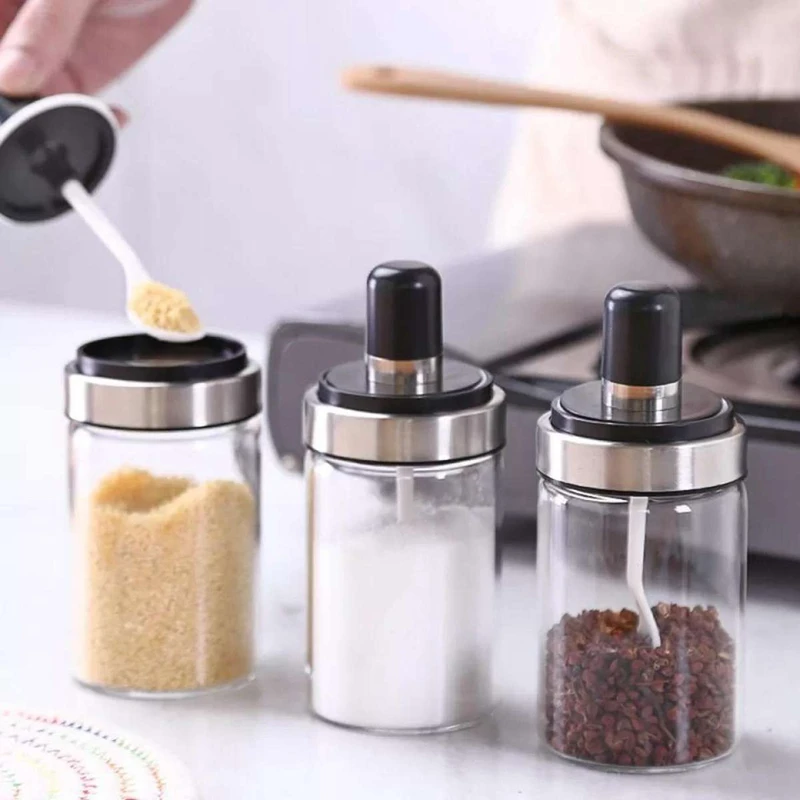 

3 Pcs Glass Spice Jars Seasoning Box Jar Condiment Jar, With Spoon And Lid Design, Empty Jars 8.45 Oz