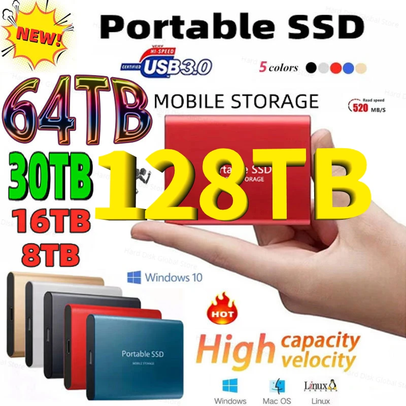 

New Portable 128TB SSD 4TB 16TB External Hard Drive Type-C USB 3.0 High Speed 8TB External Storage Hard Disks For Laptops