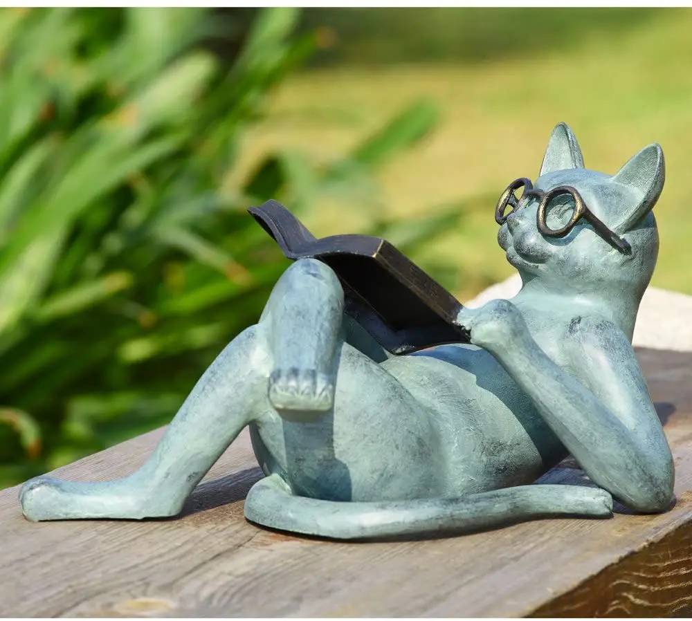 Unique Cat Reading Statue Resin Sculpture Outdoor Garden Crafts Ornament Home Furnishings Bedroom Decoration Creative Gift