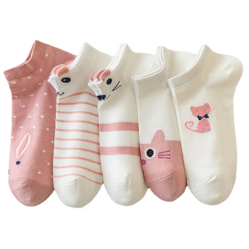 5pair/lot Cute Cartoon Harajuku Cat Socks for Women Strawberry Milk Funny Spring Cat Low Cut Short Kawaii Women Socks