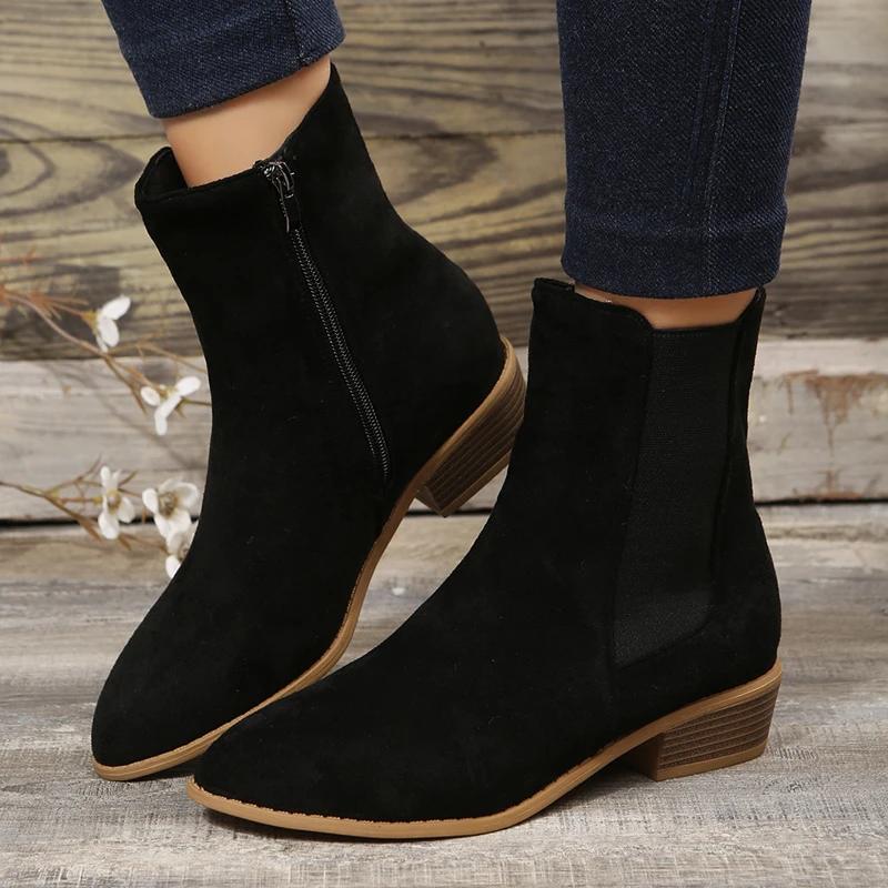 Купи Women's Natural Suede Leather Elastic Patchwork Slip-on Flats Autumn Ankle Boots Square Toe Casual Short Chelsea Boots Shoes Hot за 600 рублей в магазине AliExpress