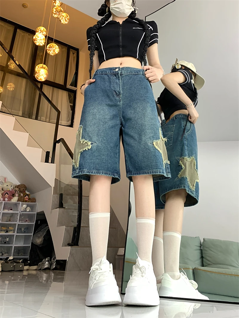 Женские винтажные джинсовые шорты со звездами уличная одежда до колена 2000s Y2k в