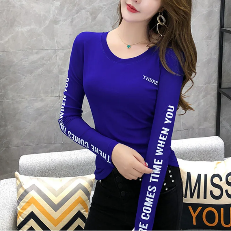 

#5503 черная, красная, зеленая, синяя футболка, женская футболка с длинным рукавом и круглым вырезом, с буквенным принтом, сексуальная тянущаяс...