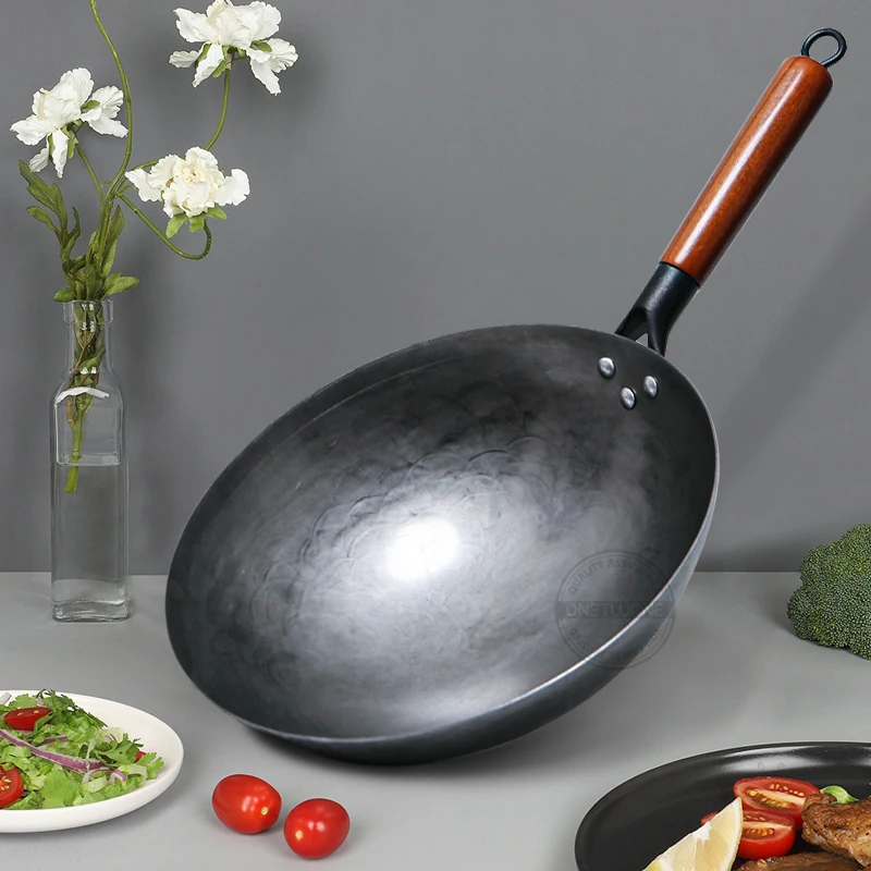 

Кухонная утварь ручной работы из углеродистой стали с деревянной ручкой (14 дюймов, с плоским дном)