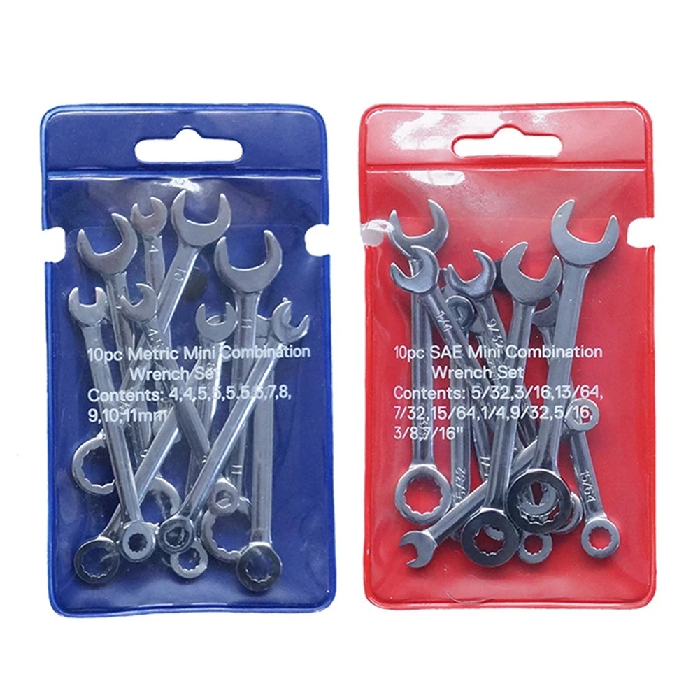 

10pcs Metric/Imperial Mini Combination Wrench Set with Mirror Polished Finish - Pocket-sized Double Open Ended Wrench Tool Kit