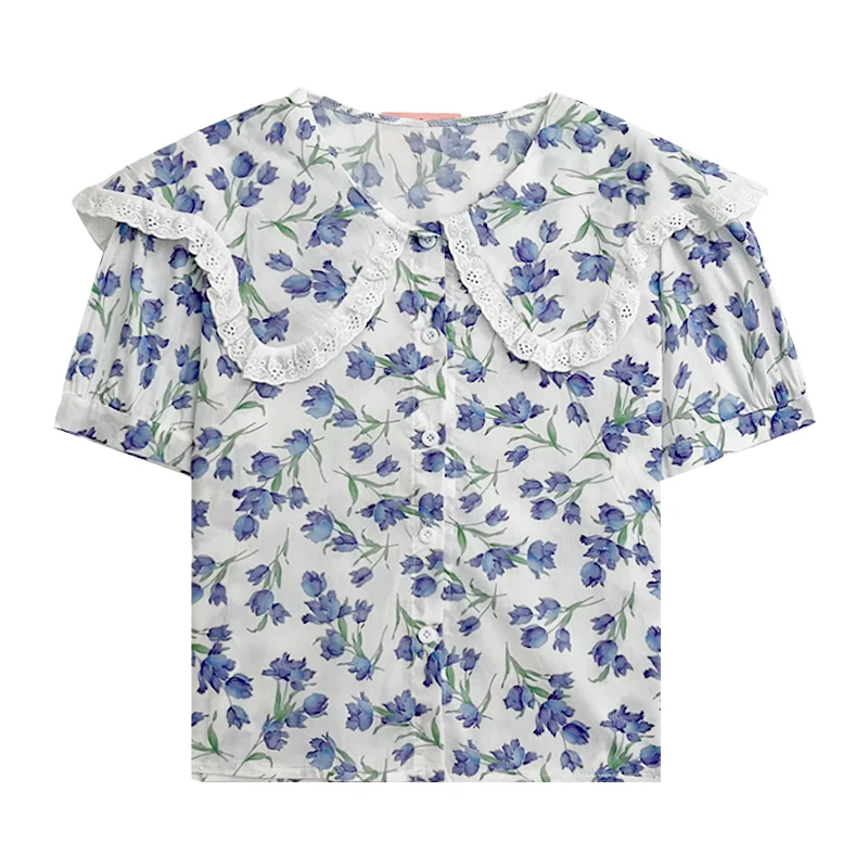 

Summer retro sweet small fresh floral lace doll collar puff sleeve shirt