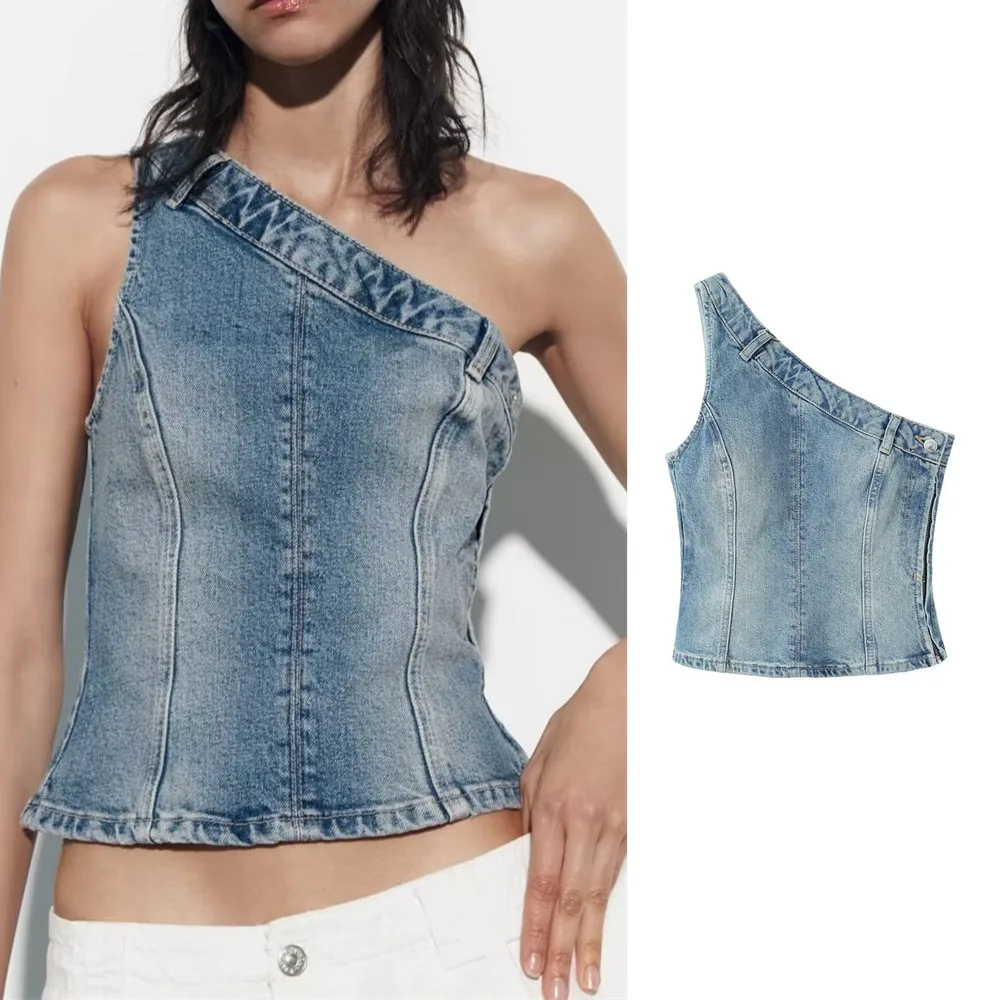 

Женский джинсовый жилет без рукавов BM & MD & ZA, универсальный ассиметричный жилет без бретелек, короткая верхняя одежда в стиле ретро, новинка ...