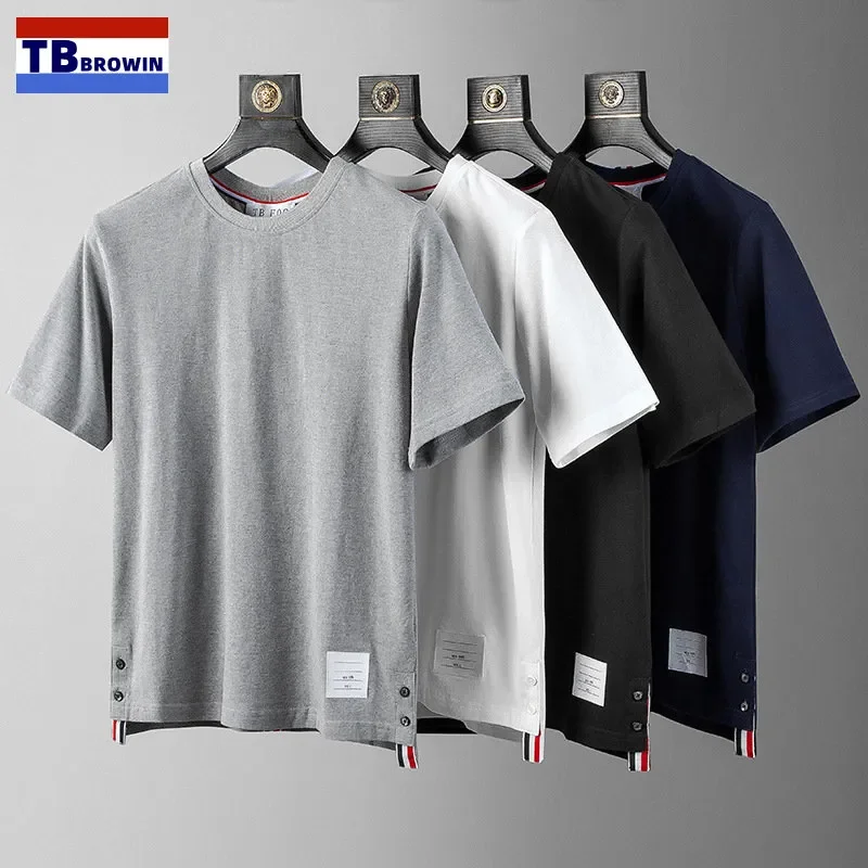 

TB BROWIN Thom Men T Shirt Summer Fashion Back Ribbon Stripe Pure Cotton Round Neck Casual Short Sleeve for Men Outdoors Clothes