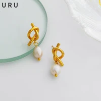 trendy jewelry s925 needle geometric knot earrings pretty design thick plated golden color natural pearl earrings for women gift