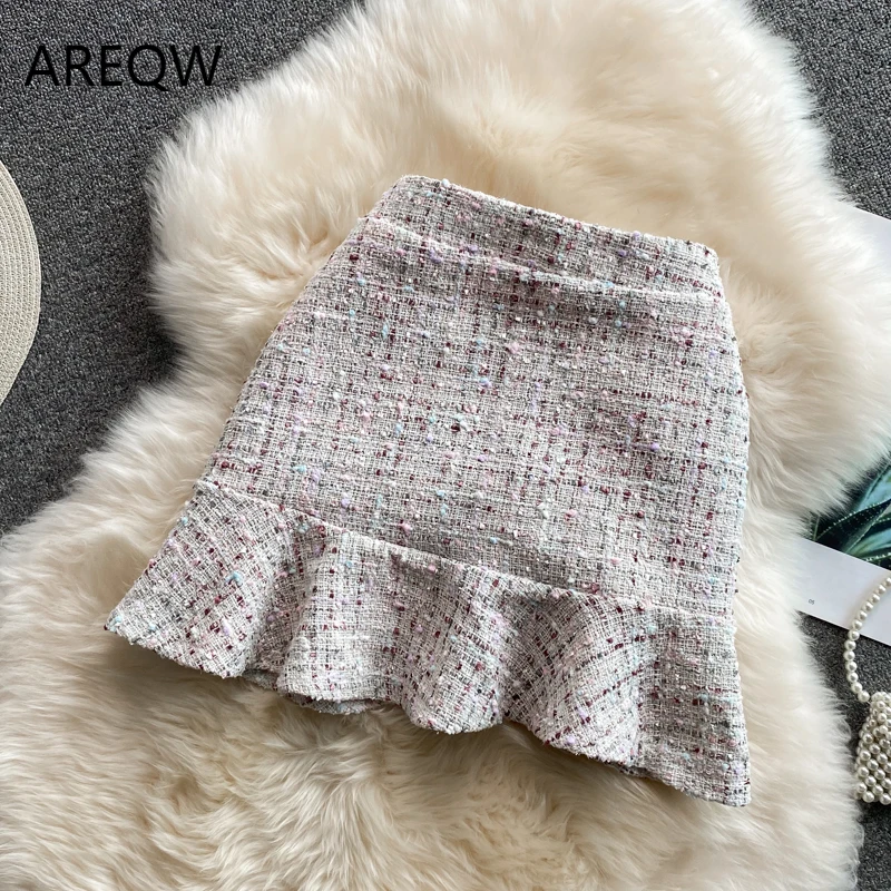 

2022 New Spring New Women's High-waist Tweed Fishtail Bag Hip Short Skirt Women's All-match Anti-glare A-line Skirt