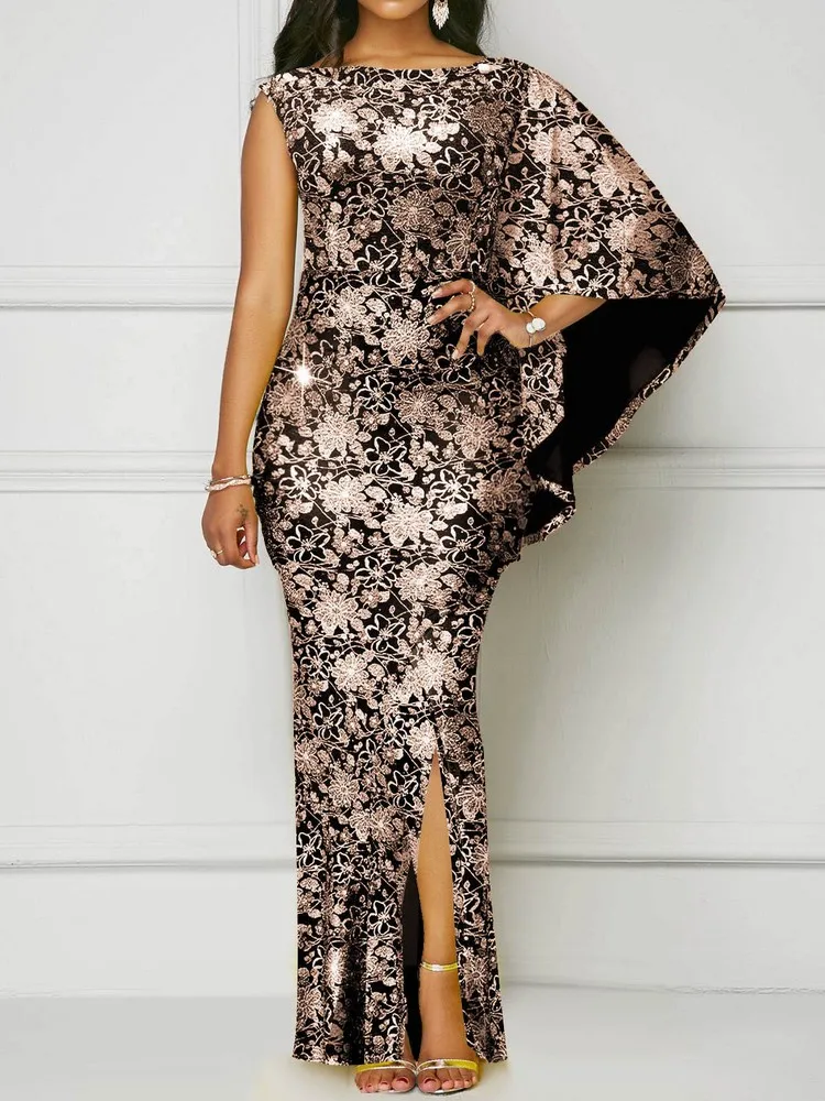 

Женское облегающее Платье макси с длинным рукавом, коктейльное платье с принтом в эстетике, длинное эластичное платье с вырезом лодочкой и Боковым Разрезом