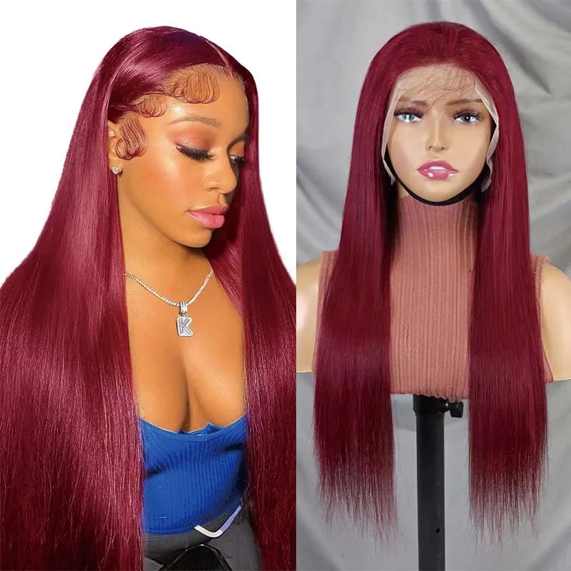 22 дюйма 99j бордовый цвет 13x4 прозрачные кружевные передние парики прямые