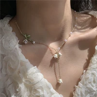 new trendy enamel bell orchids pearl choker necklaces for women elegant plant flower necklace wedding pendant necklace jewelry