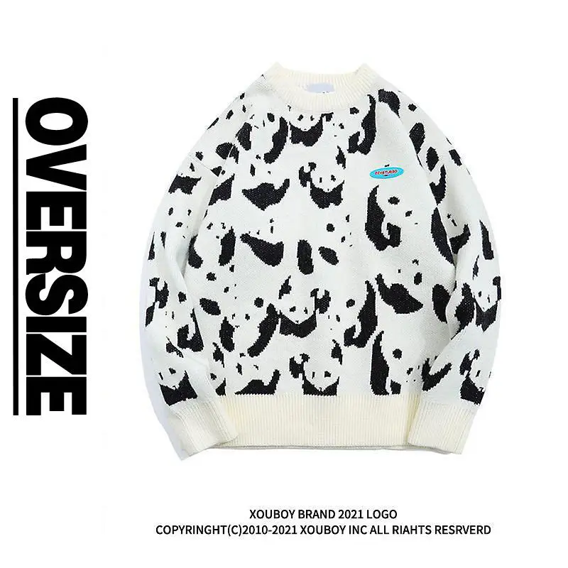 

Panda Print Knit Pullover Sweater Men Autumn Winter Vintage Oversized Loose Black Blue Pink Couple Sweaters Mens Clothing