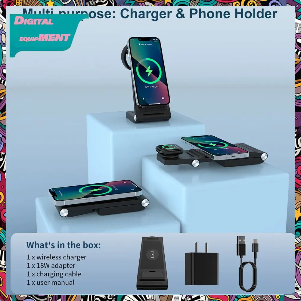 

Folding Wireless Charger Stand Black Chargers Dock For Iphone Non-slip Vertical Mobile Phone Charging Station Office Accessories