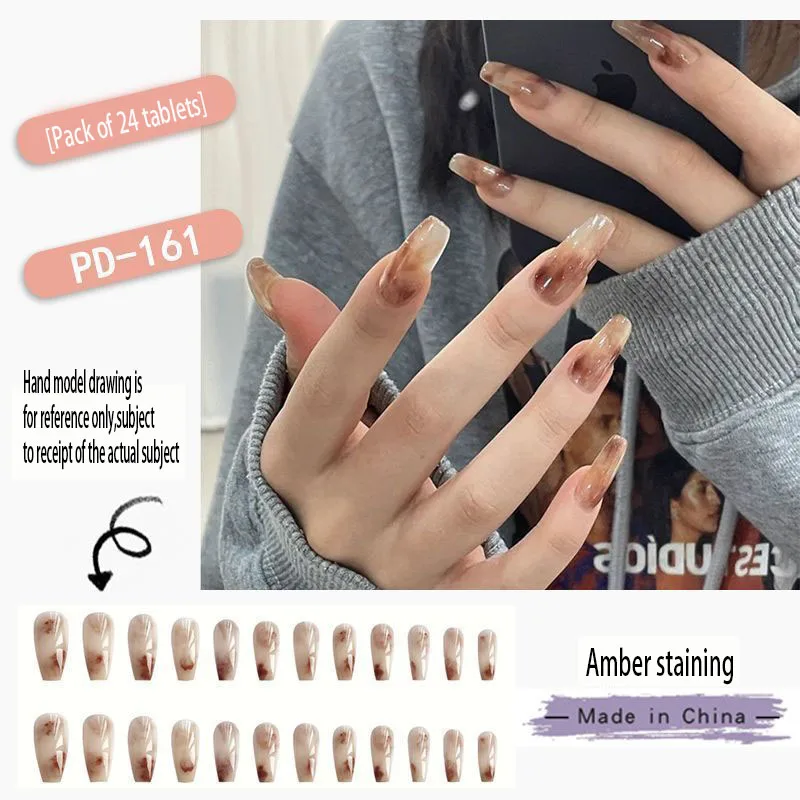

24Pcs/Box False Nails Press on Short Reusable with Designs Set Amber Staining Redtrced Powder Metod Sweet Love Nails Tips Art