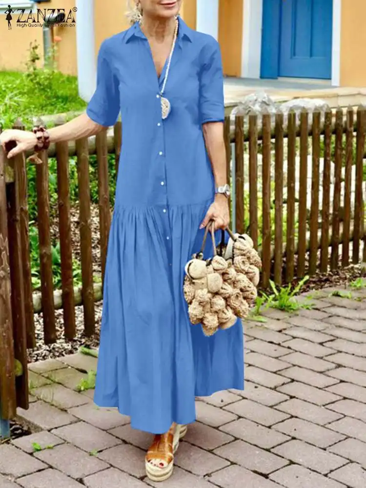 

Элегантный осенний праздничный сарафан ZANZEA 2023, повседневное однотонное платье-рубашка с оборками, женское платье-кафтан с отложным воротником и длинным рукавом