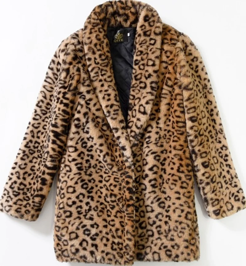 Leopard Faux Fur Coats Women Fashion Warm Lapel Mid-Length Outwears Autumn Winter Thick Casual Commute Big Pocket Chic Outcoats