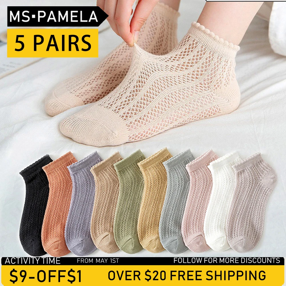 

5Pairs/Set Women Cotton Short Socks Summer Thin Mesh Low Cut Soft Breathable Solid Color No Show High Quality Female Ankle Socks