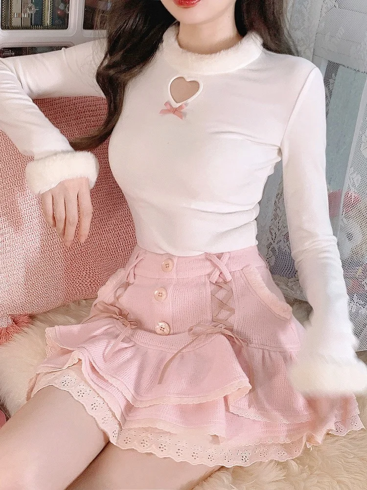 

2023 Japanese Pink Sweet Lolita Blouse Women Winter Warm Kawaii Knitted Blouse Female Long Sleeve Tops Korean Style Clothing New