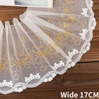 17cm wide white mesh embroidery flowers pastoral golden rose lace trim wedding dress head veil cloth diy crafts sewing material