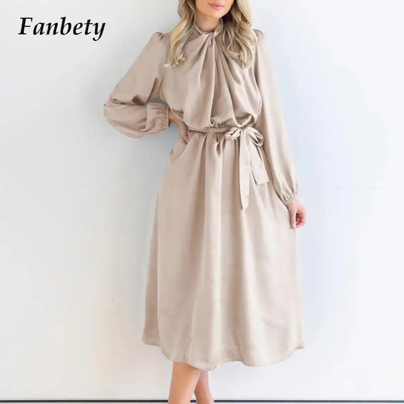 

Женское однотонное платье-трапеция со складками, длинное драпированное платье с длинным рукавом и круглым вырезом на весну и осень