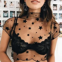 women sexy mesh see through t shirt 2022 fashion hollow transparent undershirt star dot base top camisas femininas clubwear