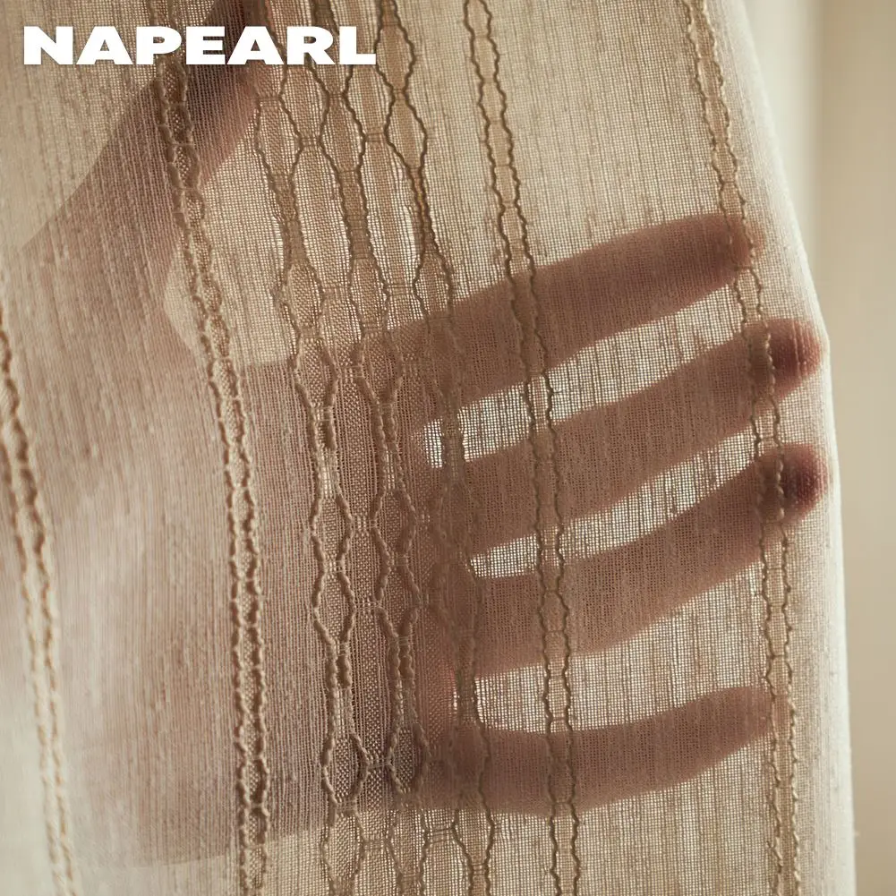 

Japanese Solid Thicken Tulle Curtains For Living Room Transparent Striped Window Beige Sheer Insulation Voile