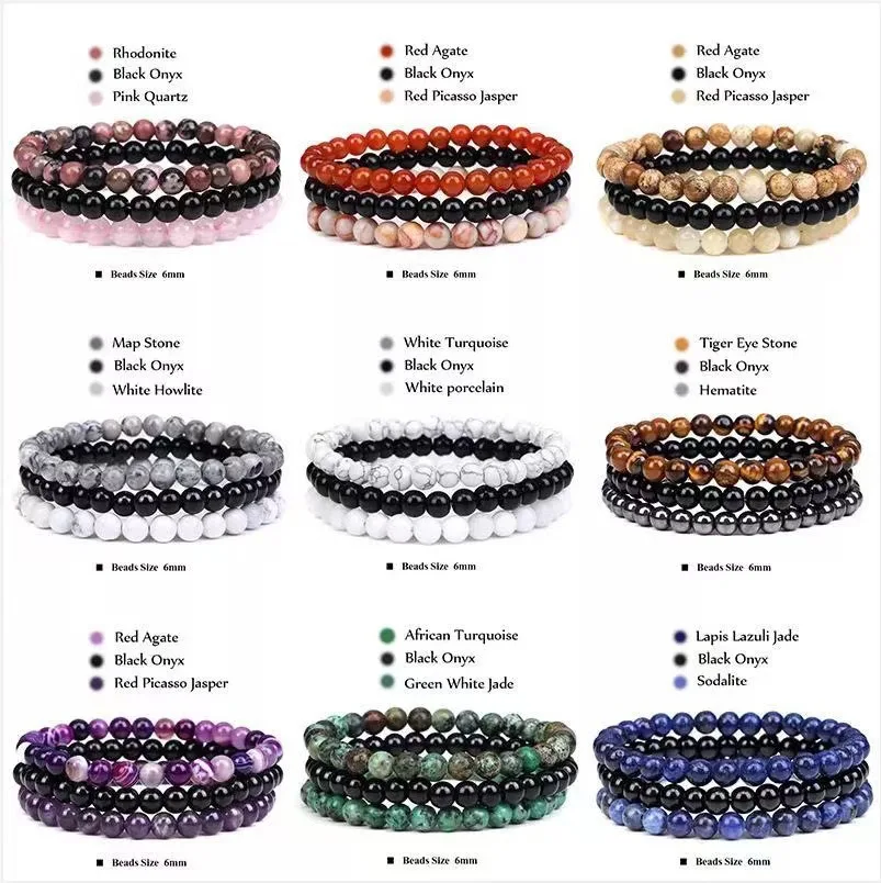 Fashion 6-8mm 3pcs Natural Stone Bracelet Sets Healing Crystal Chakra Stretch Bracelet For Men Tiger Eye Turquoise Jewelry Gifts