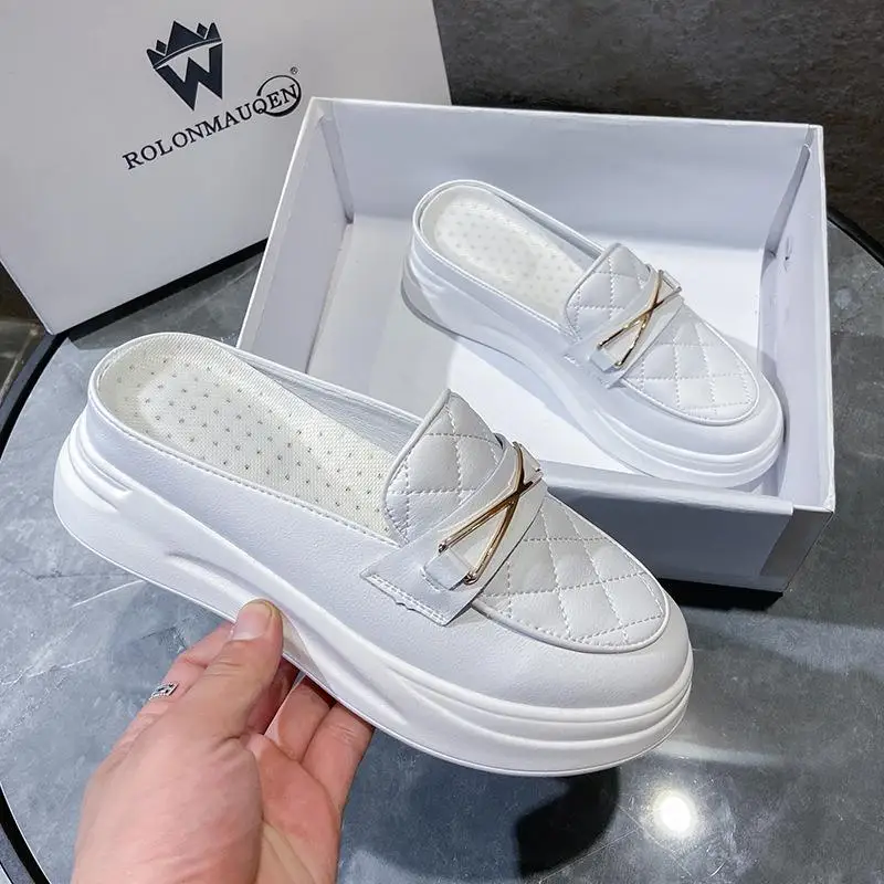 

Шлепанцы женские кожаные, повседневные сандалии на плоской подошве, уличные тапочки на платформе, белые