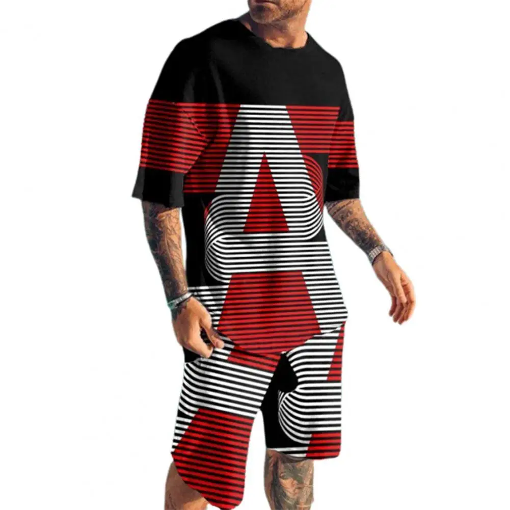 

2Pcs/Set O-neck Short Sleeve Sports Suit Elastic Waist 3D Digital Print Men T-shirt Shorts Set Running Set