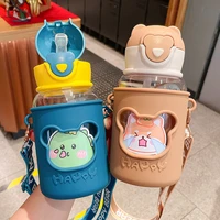 new little bear silicone sleeve diy straw cup childrens water bottle portable drop proof cute cup kawaii water bottle drinkware