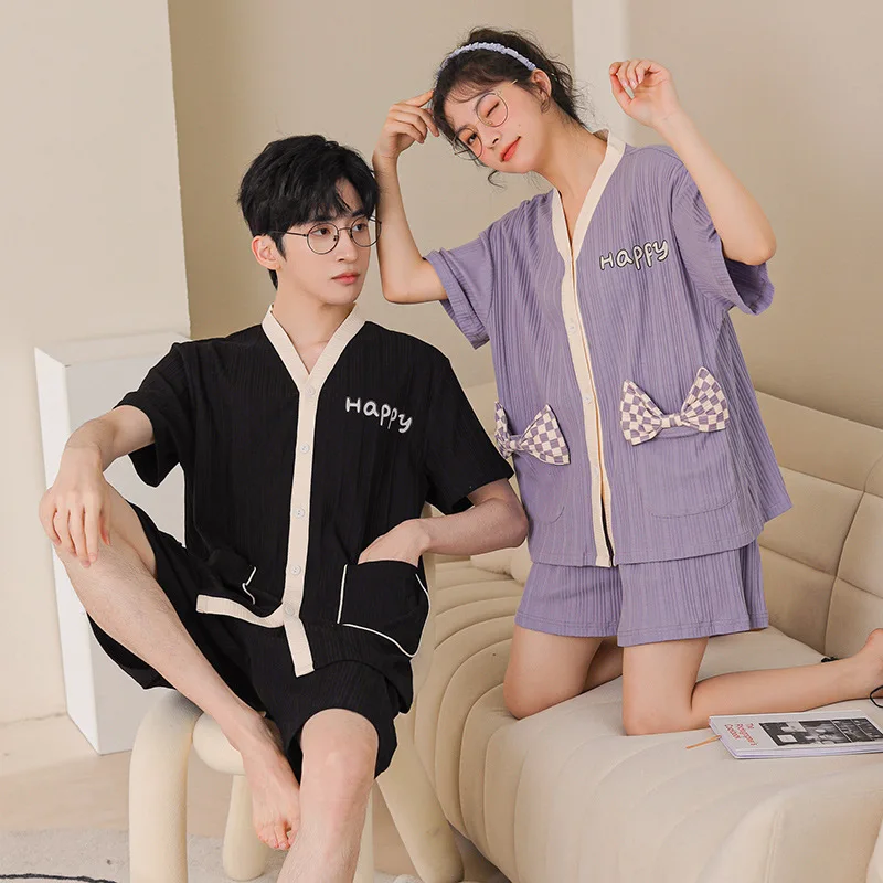 Cute Couple Pajamas Summer Short-sleeved Shorts Cardigan Casual Suit Breathable Cotton Nightgown Can Be Worn Outside Sleepwear