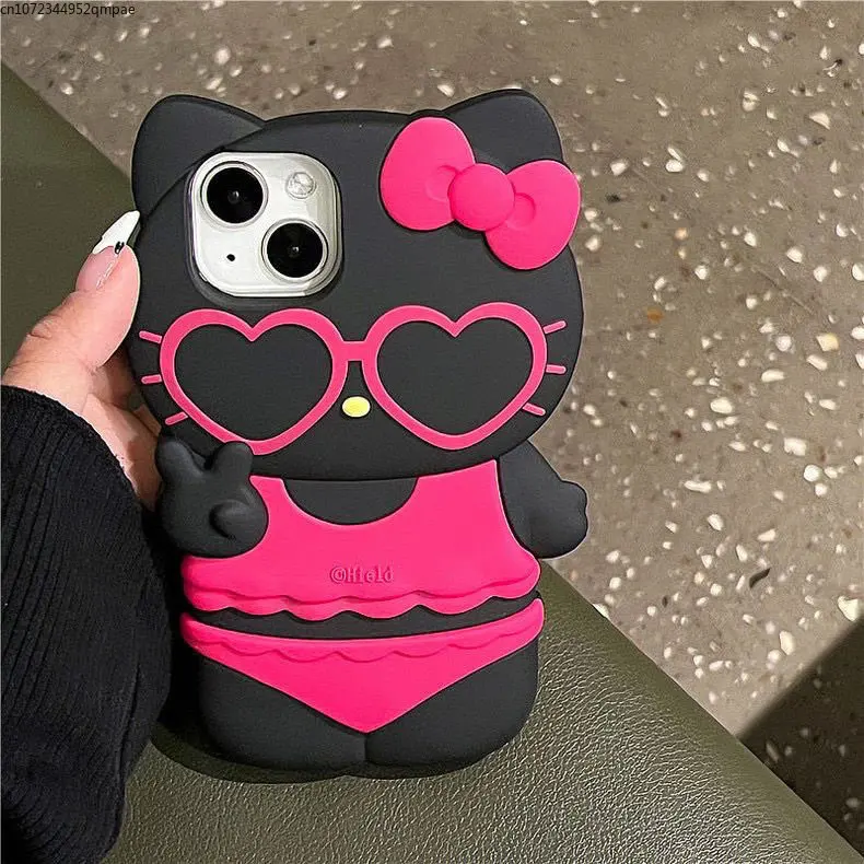 

New 3D Cartoon Sanrio Hello Kitty Black Phone Case for IPhone 14 13 12 11 Pro Max 14Pro Silica gel Soft Back Cover Y2k Girl Gift