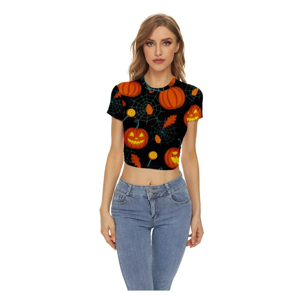 

Women's Summer Skinny Top T-shirt New Navel Slim Short Sleeve Round Neck Casual Fashion Halloween Printing T-shirt Ladies