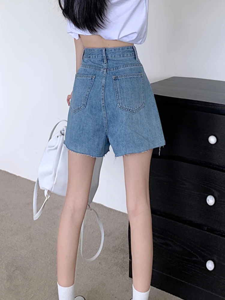 New Summer Women High Waist Hole Frayed Blue Denim Shorts Streetwear Female Button Loose Jeans Shorts Bottoms