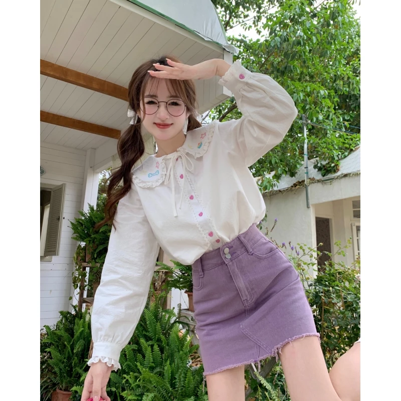 

Summer White Shirt Women's Blouse Chic Embroid Design Long Sleeves Casual Tops 2023 Fashion Vintage Single Breasted Femmes Shirt