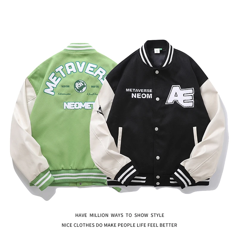 

New Arrival Spring Autumn AE Letter Furry Embroid Women Baseball Bomber Jacket Unisex Men Varsity Bomber Coat Street College