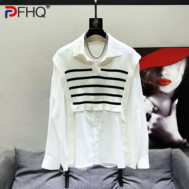 

PFHQ Color Contrast Stripe Patchwork Decorate Niche Design Men's Casual Long Sleeve Tops High Quality Elegant Trendy 2023 Shirt