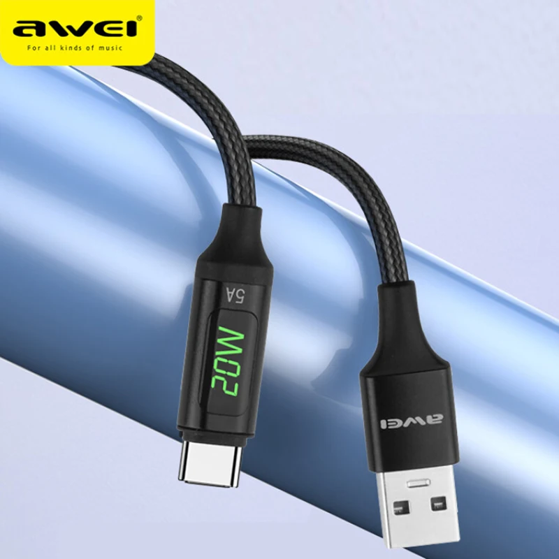 

Awei CL-123L PD 20W/5A Type-C USB Cable Fast Phone Charging Led Digital Display Power For iPhone iPad Macbook Samsung Xiaomi