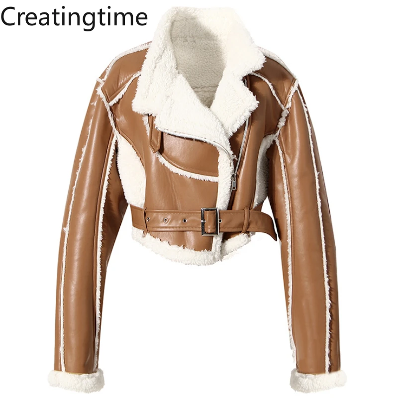 

Новинка Осень-зима 2022, модная женская короткая мотоциклетная куртка Creatingtime с меховым воротником и кожаным ремнем на молнии, с подкладкой, ...