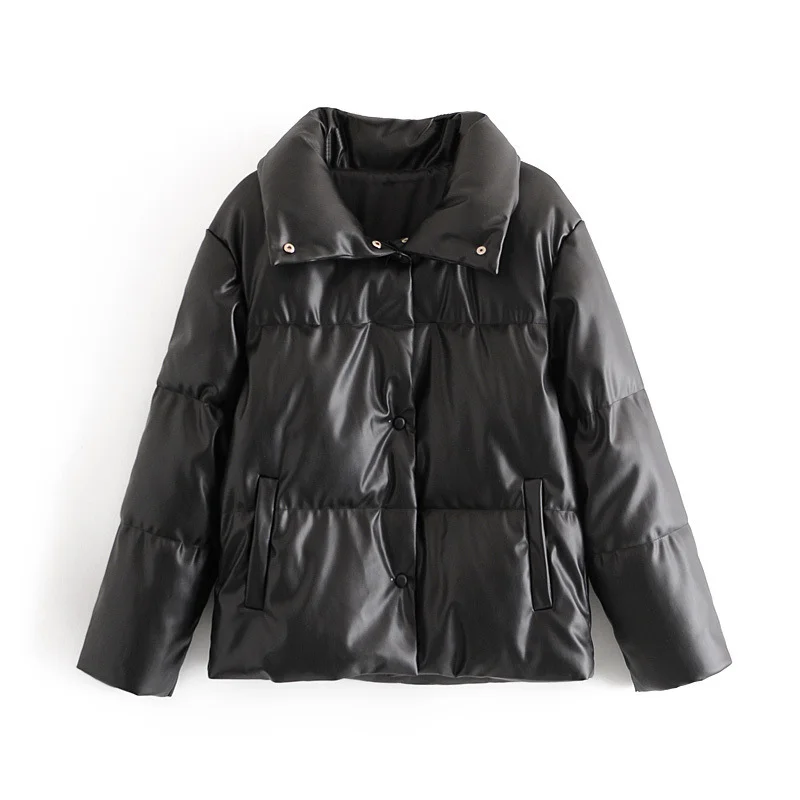 Fashion PU Leather Coat Women's Elegant Cotton Coat Streetwear Korean Faux Leather Leather Parka Coat Big Lapel Short Bread Coat