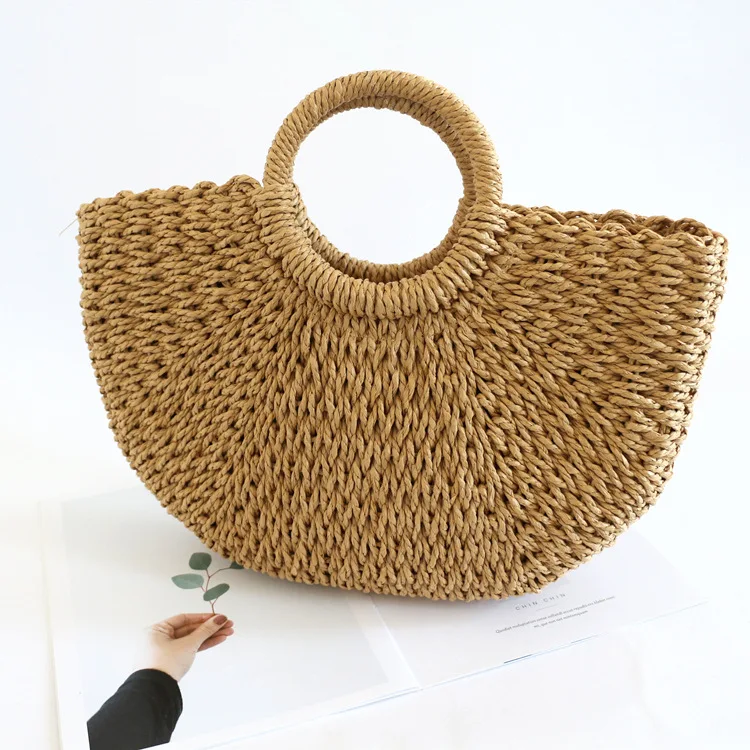 Celela Summer Large Capacity Straw Shoulder Bag Rattan Beach Bags Bohemian Summer Vacation Casual Bags Moon Shaped Top Handle
